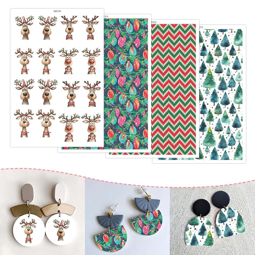 2024 New Christmas Polymer Clay Transfer Paper Moose Tree Bulb Branches Wavy Stickers for DIY Jewelry Earring Printing Paper