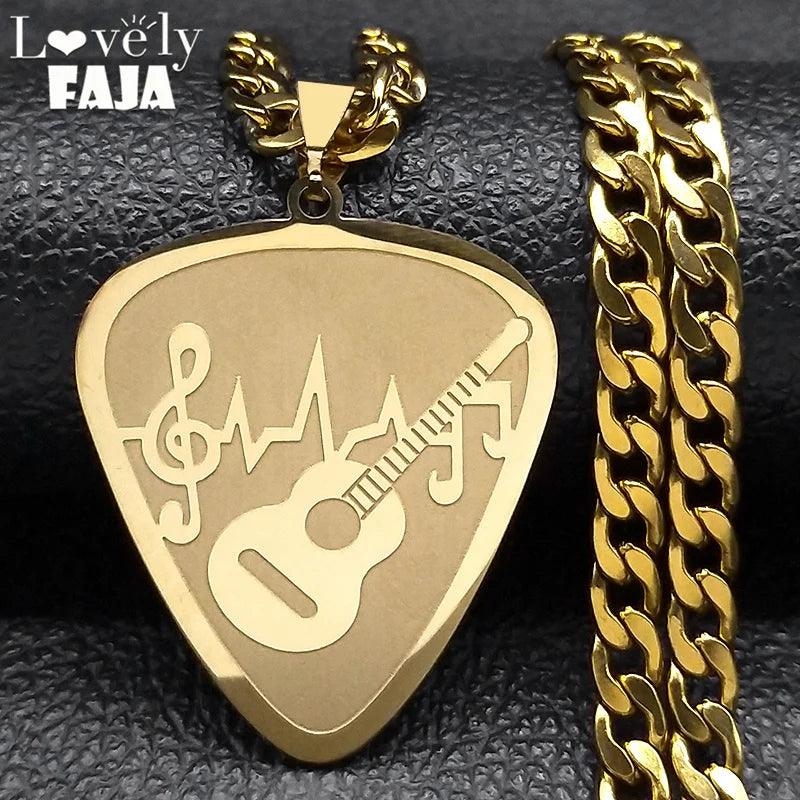 Hip Hop Guitar Pick Bass Note Necklace for Men Stainless Steel Gold Plated Music Lovers Pendant Necklaces Jewelry colar N3003GD
