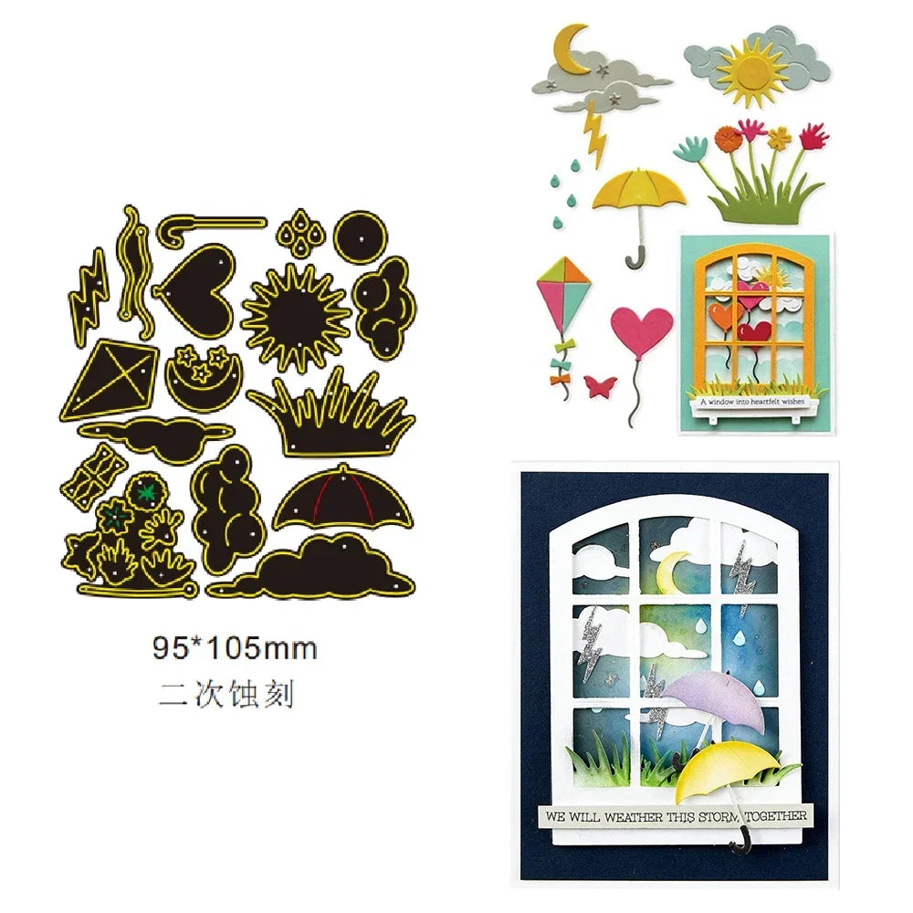 Metal Cutting Dies Window Fence Frame Potted Plant Tree Sun Moon Cloud Die for DIY Scrapbooking Album Decorative Paper Craft