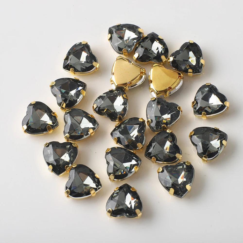 20Pcs 10mm Love Heart Glass Sew On Rhinestones With Flatback Gold Claw Crystal for Clothing Accessories Shoes DIY Nail Decor