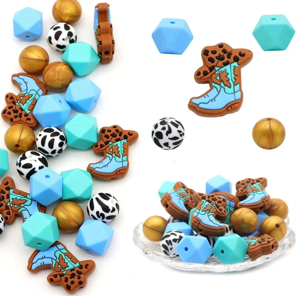 25pcs/set DIY denim series silicone beads combination Western cowboy girl leopard print shoe beads hexagonal beads polygonal silicone beads 15mm silicone beading set for DIY pen necklace bracelet key chain mobile phone chain