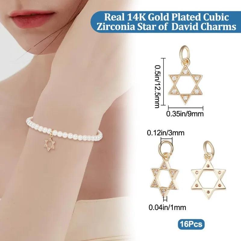 1 Box 16Pcs Star of David Charms 14K Gold Plated Star Pendant Charms with Cubic Zirconia with Jump Ring for DIY Crafts Bracelet