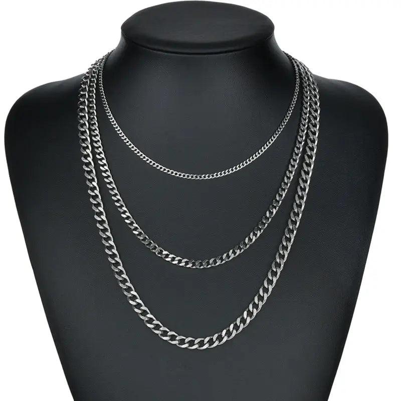 3pcs Necklace Set For Both Men And Women Hip Hop Style Stainless Steel Six Sided Grinding Cuban Chain Minimalist Jewelry