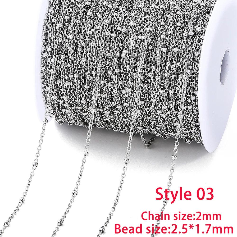 No Fade 2Meters Stainless Steel Chain Cross Chain with Beads for DIY Necklace Bracelet Anklet Jewelry Making Accessories