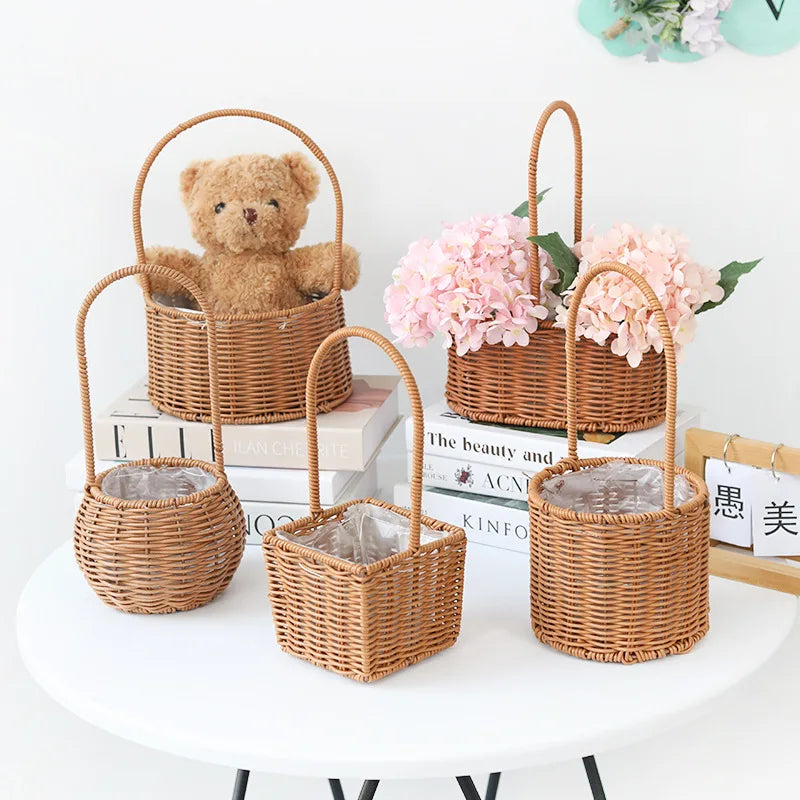 Imitation Rattan Flower Basket Flower Shop Best-selling Hand Basket Living Room Flower Arrangement Storage Basket Picnic Basket