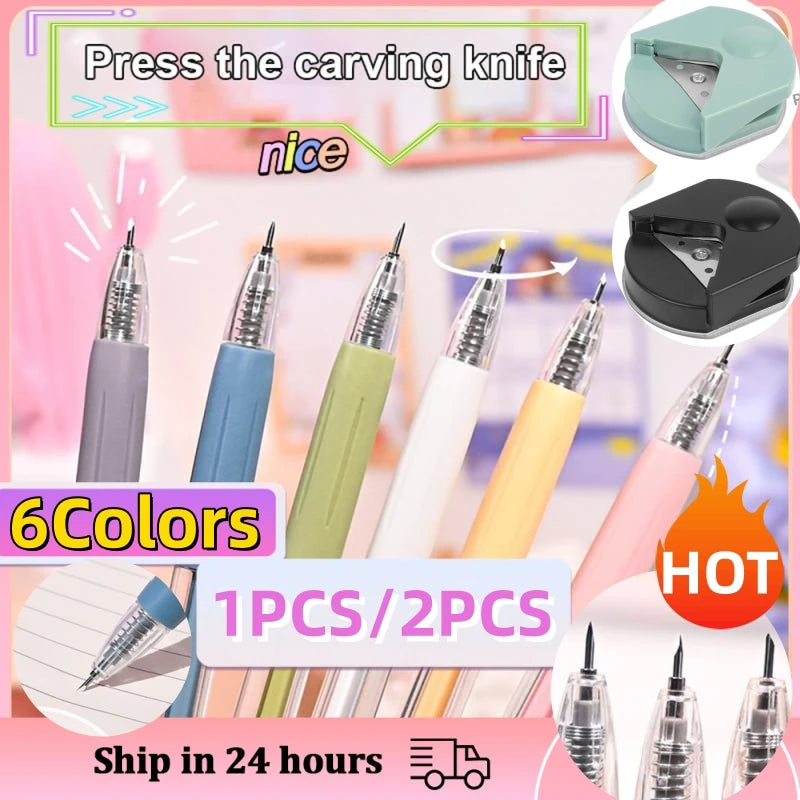 2Pcs Ceramics Paper Cut Knife Pen Press Push Utility Knife Cutting Tool Push-button Knife Pen Safe DIY Scrapbook Handmade Crafts