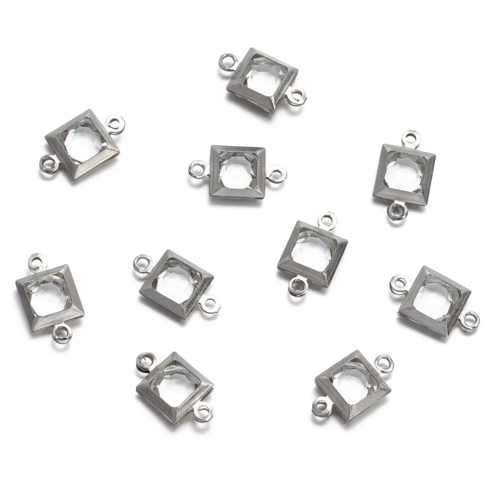 10pcs Stainless Steel Double Holes Square with Rhinestones Bracelet Necklace Pendant Connectors for DIY Jewelry Making Supplies
