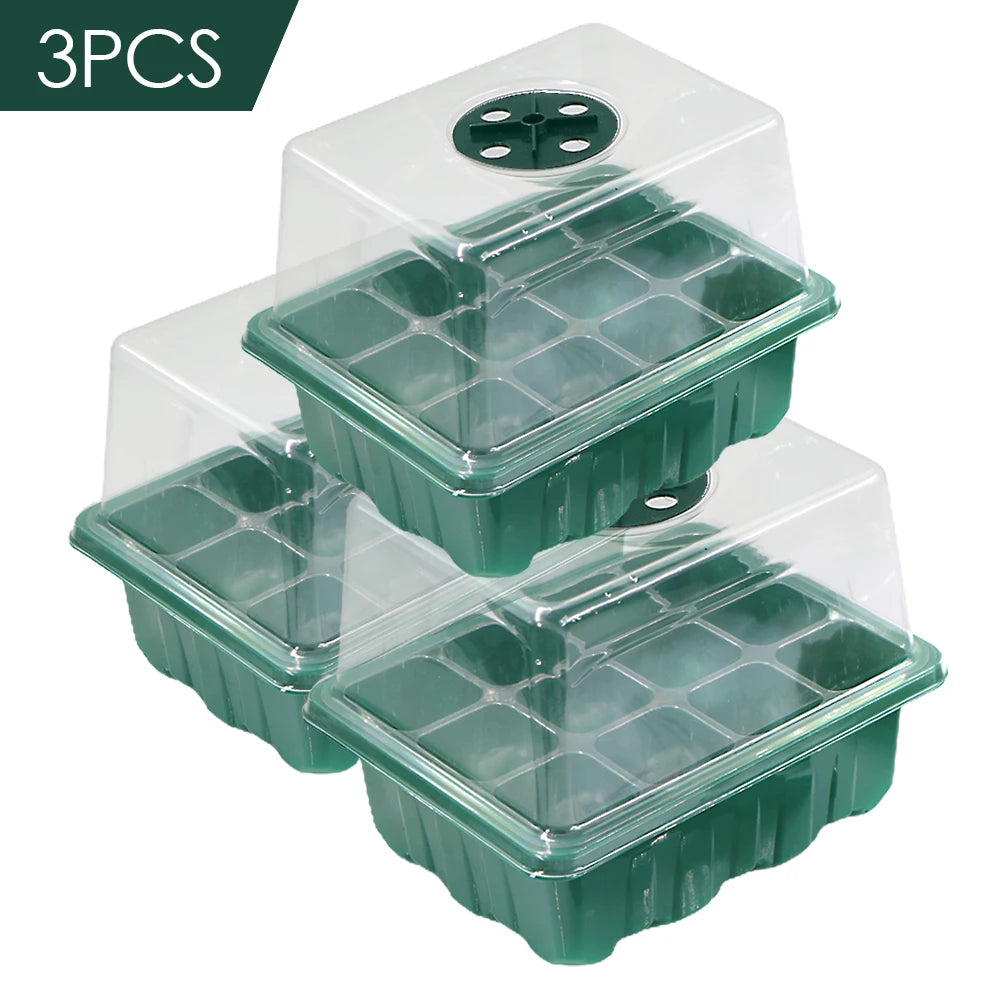 12 Cells Nursery Seedling Trays Germination Box with Transparent Cover Indoor Garden Greenhouse Growth Pots Adjustable Humidity