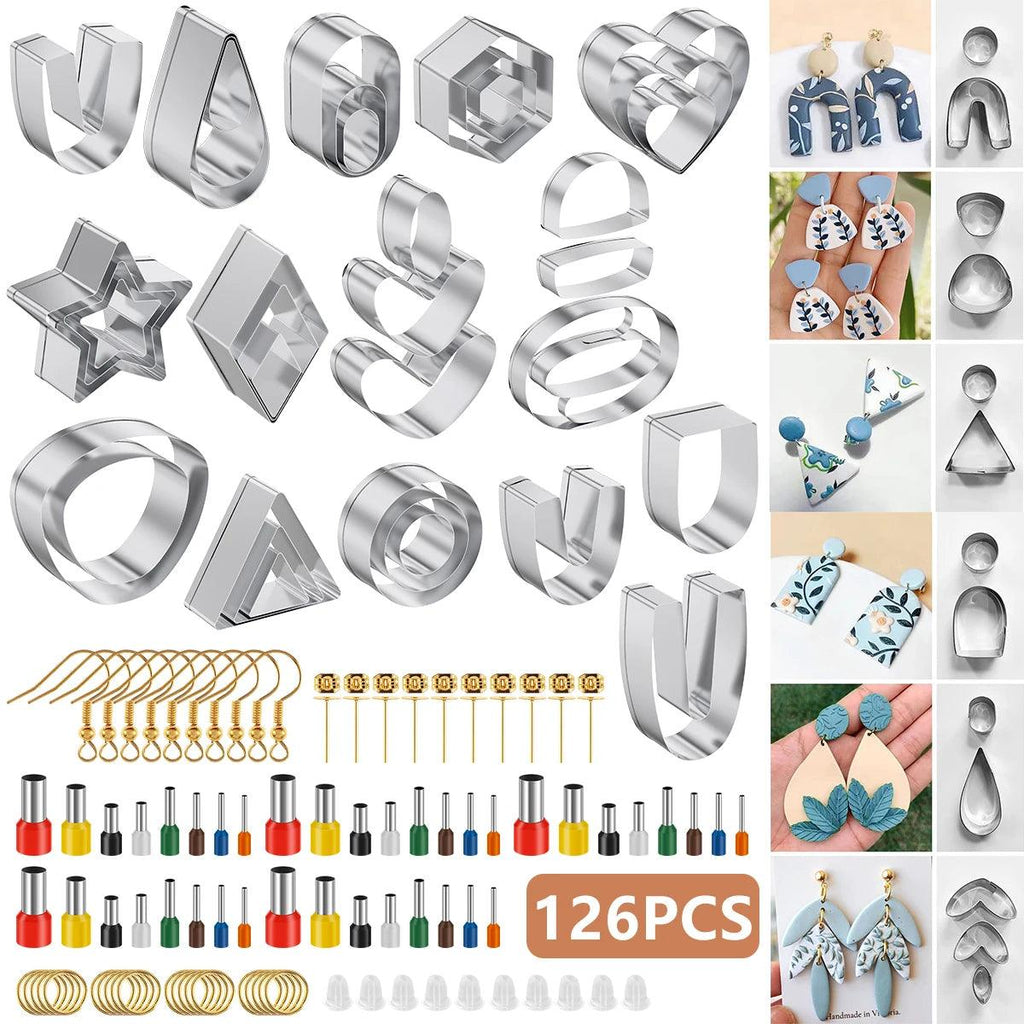 126pcs Polymer Clay Cutters Stainless Steel Clay Earring Cutter with Earring Hooks Jump Rings DIY Jewelry Craft Accessories