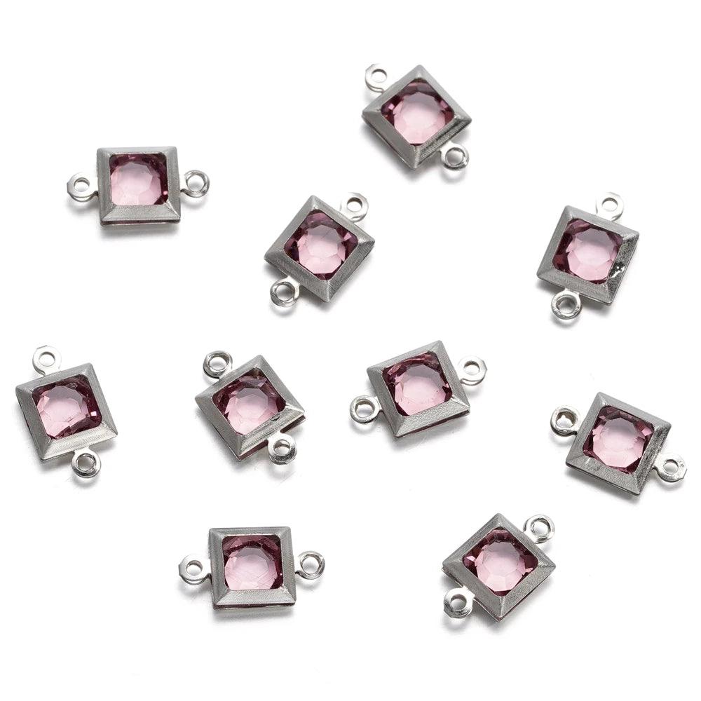 10pcs Stainless Steel Double Holes Square with Rhinestones Bracelet Necklace Pendant Connectors for DIY Jewelry Making Supplies