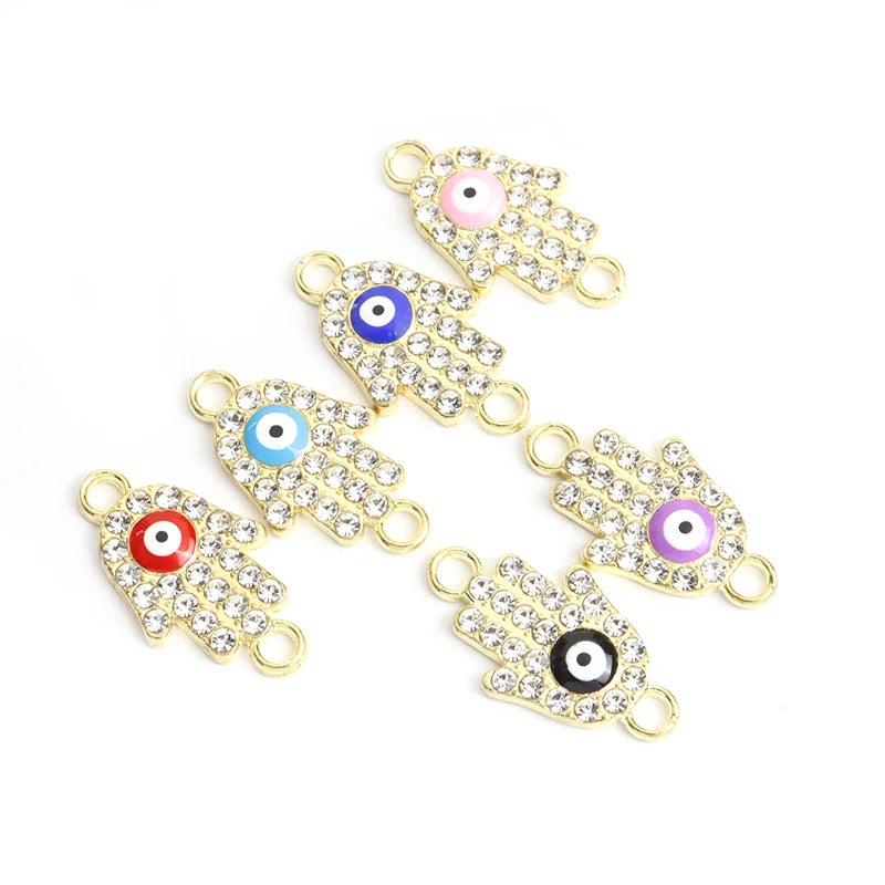 10pcs Rhinestones lnlaid Hamsa Hand Evil Eye Design Enamel Connectors Turkish Style Double Hanging Pendant For DIY Lucky Jewelry