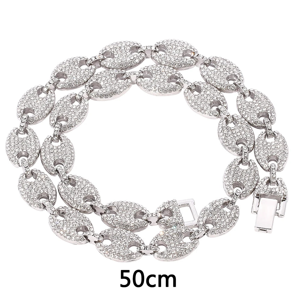 Men Coffee Bean Cuban Chain Necklace Gold Silver Color Full Rhinestone Pig Nose Necklaces Hip Hop Jewelry