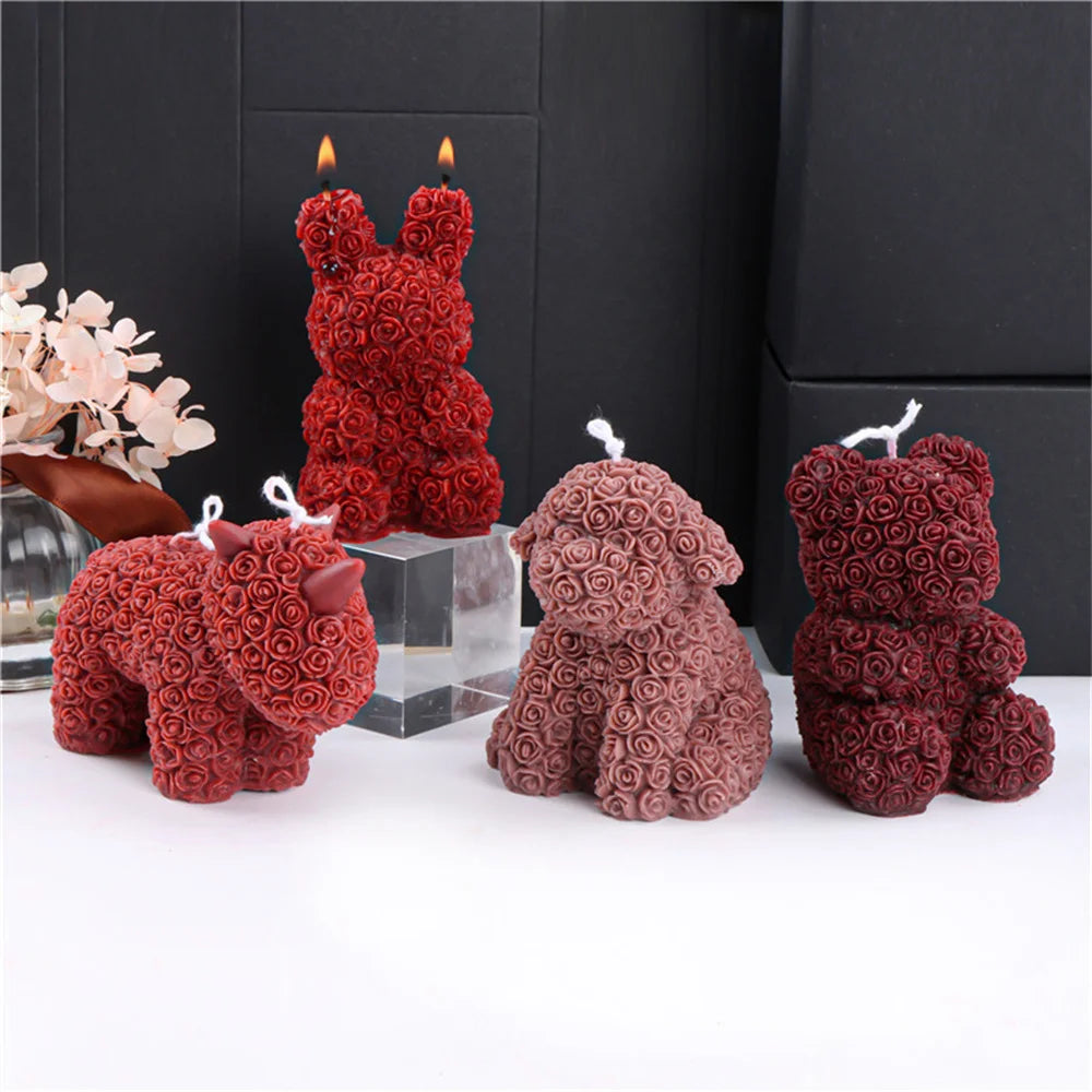 3D Cute Rose Bear Silicone Candle Mold Resin Gypsum Rabbit Unicorn Ice Cube Bedroom Decor Birthday Party Gifts Wedding Souvenirs