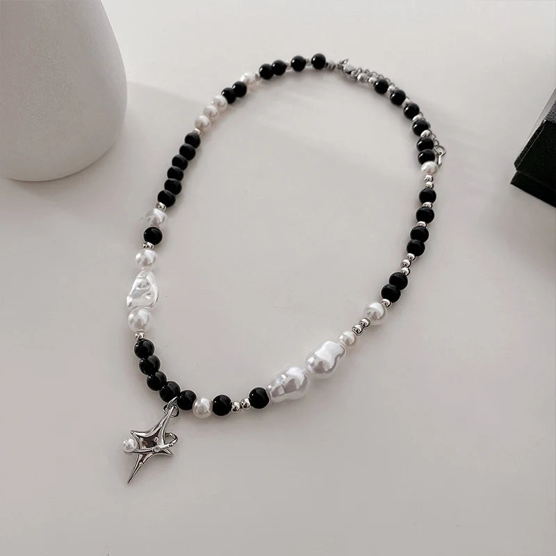 Kpop Cross Star Beaded Necklace for Men Unisex Hiphop Imitation Pearl Star Pendant Necklaces Women Y2K Punk Tassel Necklace