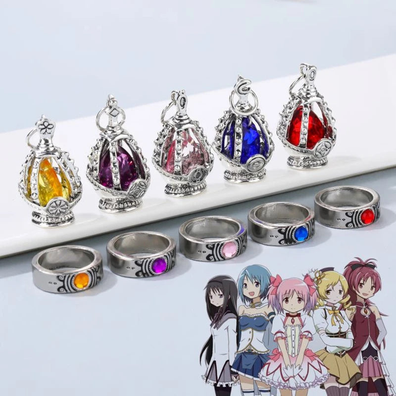 Anime Puella Magi Madoka Magica Soul Gem Necklace Crystal Pendant Ring Cosplay Costumes Lovers Jewelry Set Accessoies Prop