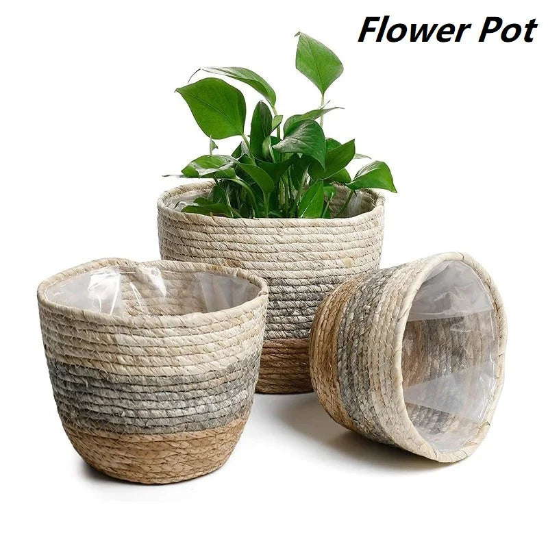 Straw Weaving Flower Plants Pot Basket Indoor Outdoor Garden Planter Basket Flower Pot Desktop Plant Containers Plantable Plants