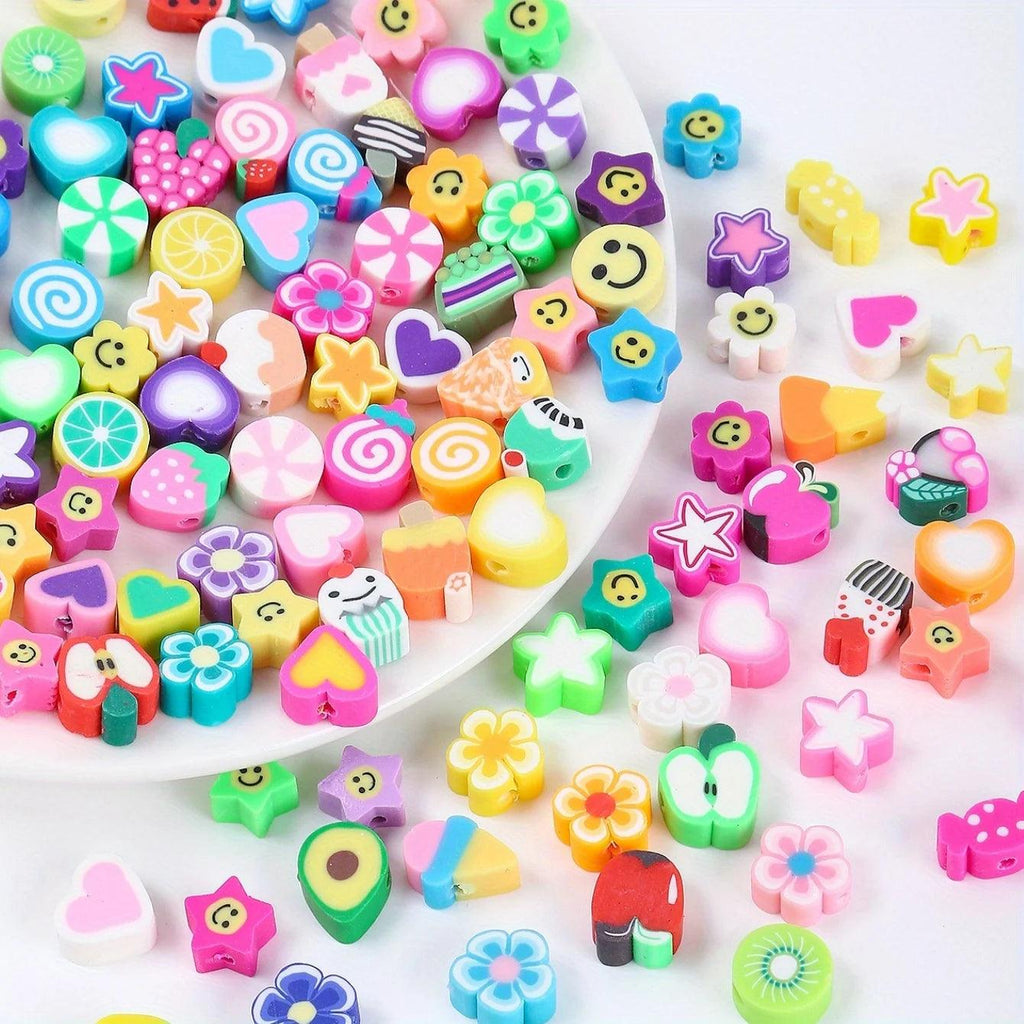 1 Pack 100Pcs Random Polymer Clay Stars & Fruit & Flowers & Heart & Beaded for Women DIY Bracelet Necklace Jewelry Making
