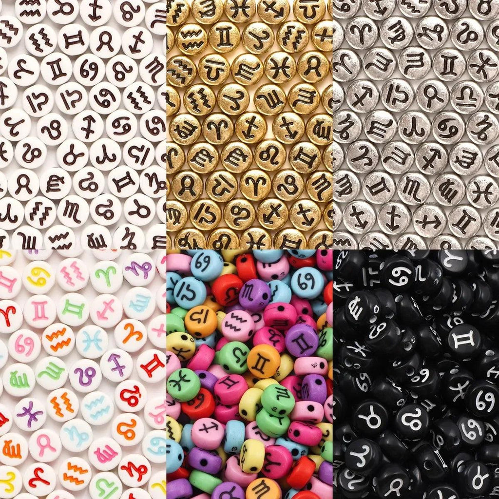 100/200/300/500PCS Acrylic Zodiac Beads Round Flat Loose Spacer Beads For Jewelry Making Diy Bracelet Necklace Accessories