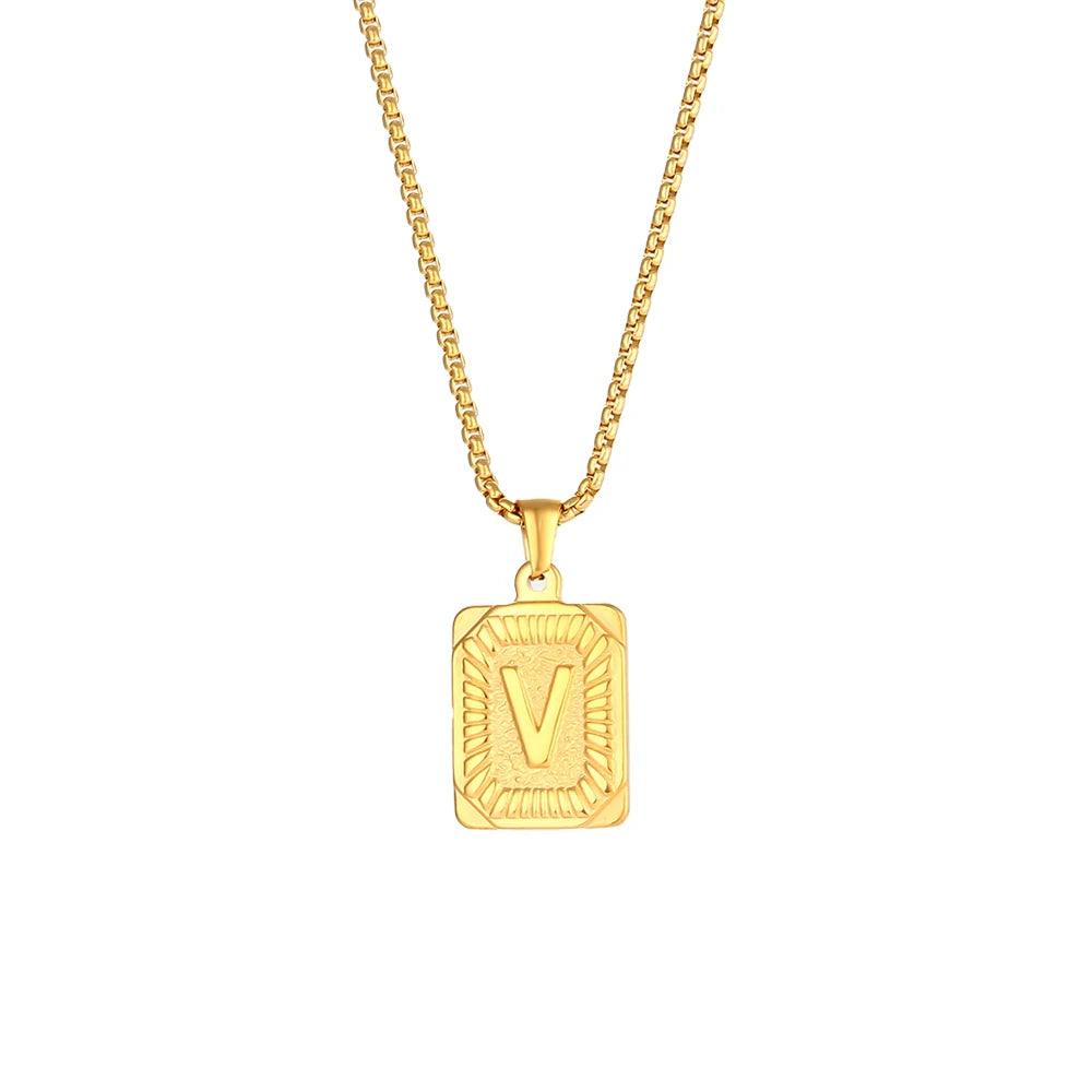 2023 New Stylish Square Pendant Necklace Men's Stainless Steel Gold Plated Letter Necklace Initial Necklace For Women