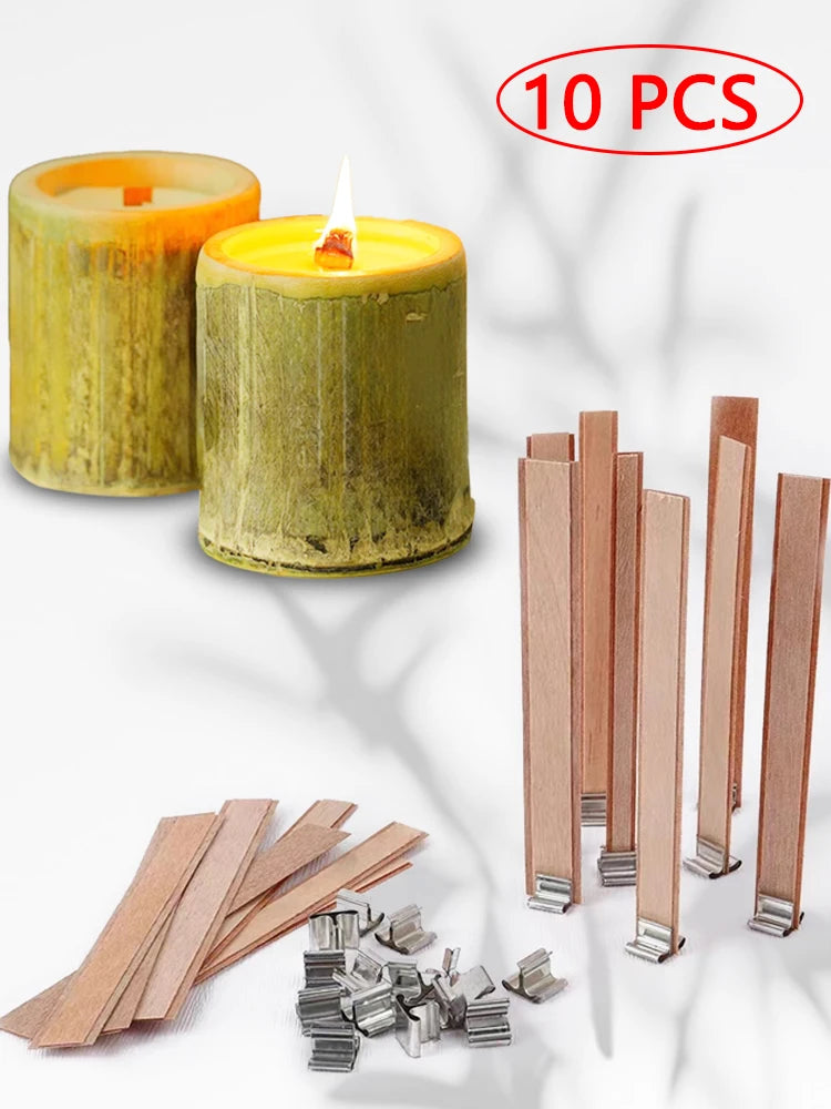 10Pcs Wooden Candle Wicks Core + Natural Wood Wick With Iron Stand DIY Aroma Candle Material Soy Wax Smokeless Candles Supplies