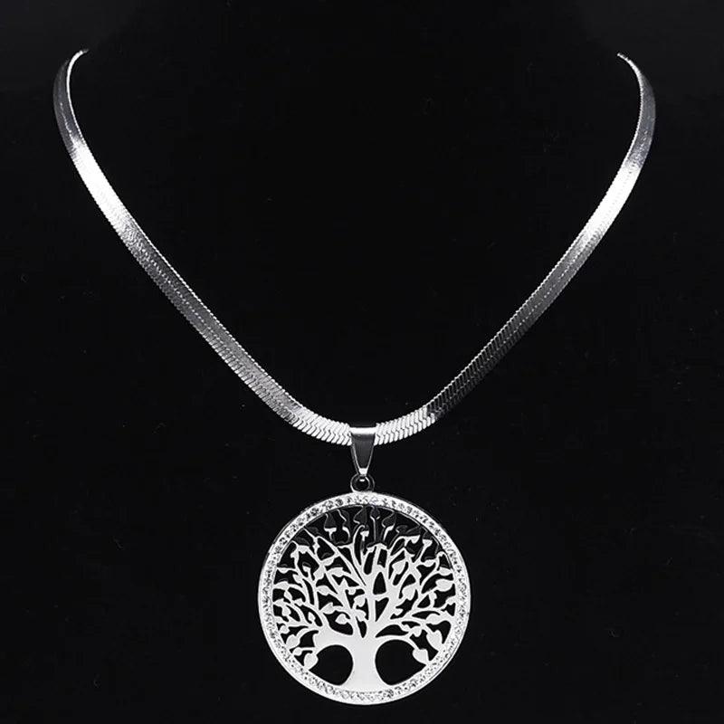 Fashion Tree of Life Stainless Steel Crystal Necklaces Pendants Women Gold Color Neckless Jewelry bijoux acier innoxydable femme