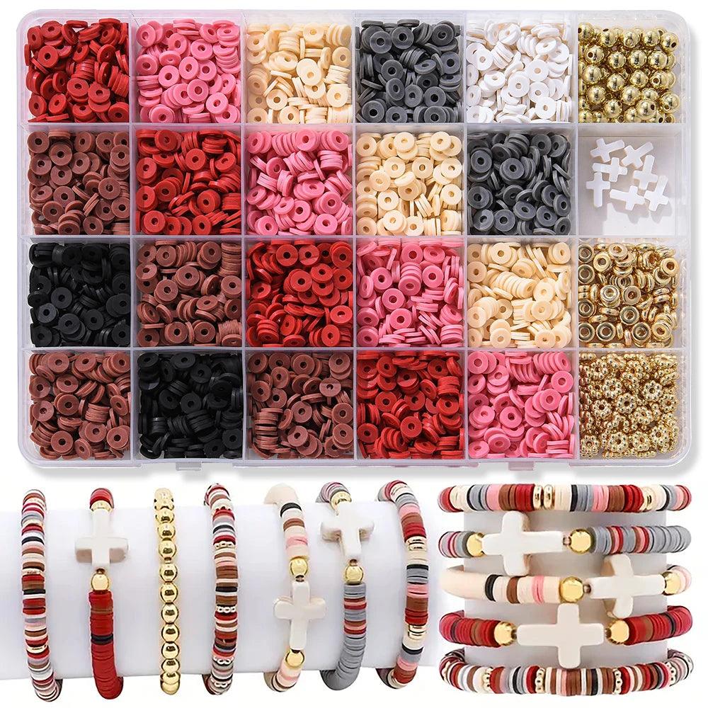 2600 Diy Clay Bead Bracelet Making Kit Soft Gold Beads Red Pink Brown Cross Pendant Perfect Making Friendship Bracelets Jewelry