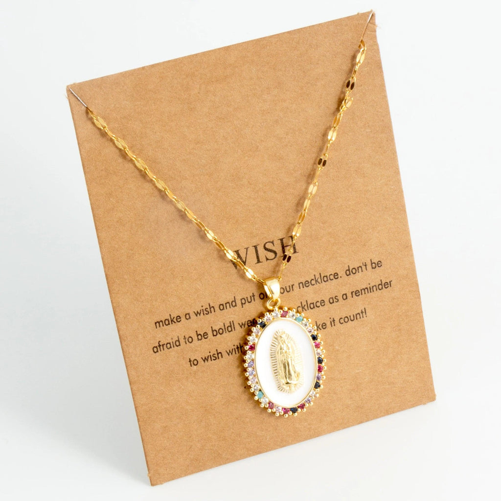 Oval round plaque inlaid with zircon religious pendant for women's party stainless steel Virgin Mary jewelry gift necklace