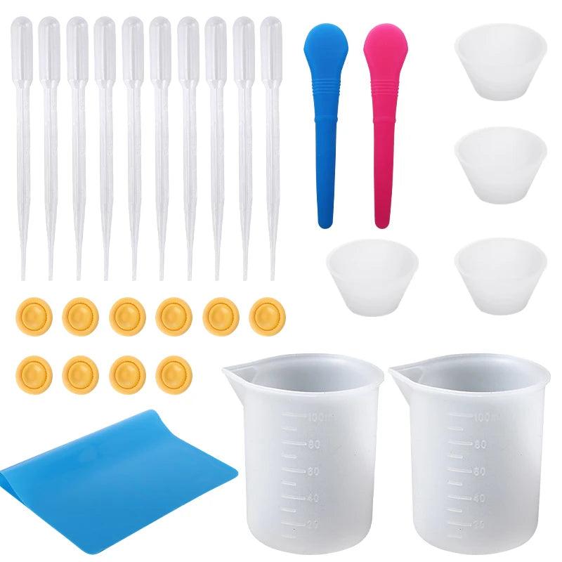 Easy Clean Silicone Resin Measuring Cups Tool Kit with Stir Sticks Pipettes Spatula Finger Cots for Epoxy Resin Mixing Supplies