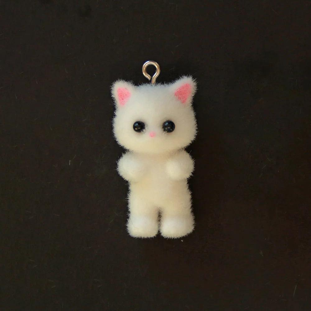 10pcs 3D Fluffy Flocking Animal Pendant Charms Kawaii Plush Cat Rabbit Rat Bear DIY Jewelry Crafts Make Keychain Miniature Doll