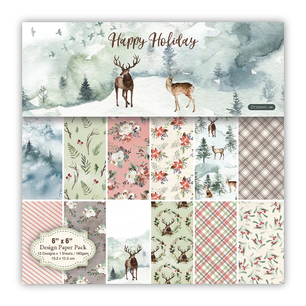 12 Pieces Of Background Paper With Winter Snow Reindeer Pattern 6-inch Decorative Paper