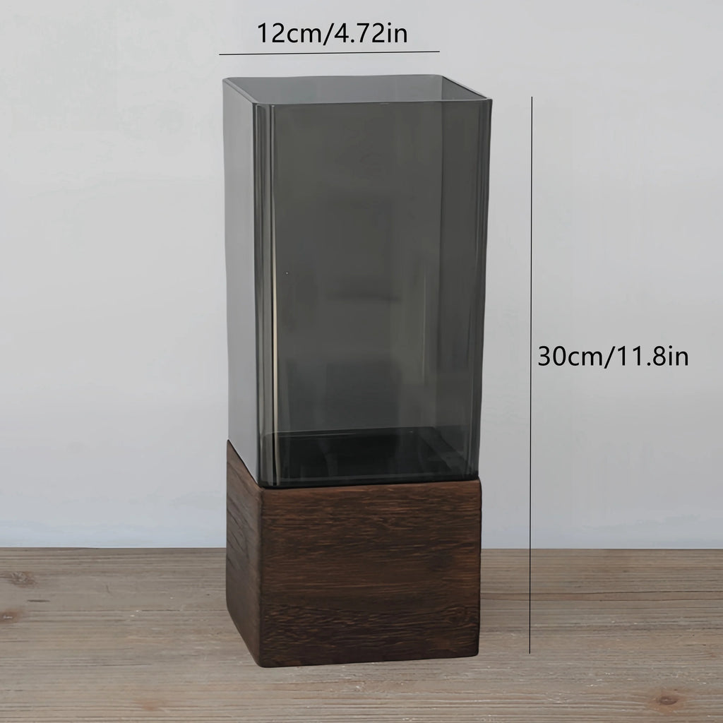 [Black Transparent Nordic Vase] 1pc Nordic Style Wooden Base Black Transparent Square Vase, 4 Sizes Available, Durable Acrylic