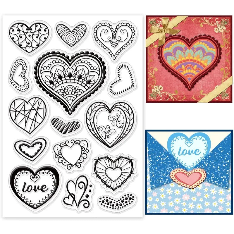 1pc Heart Clear Stamps, Love Words Silicone Stamps Valentines Love Hearts Background Rubber Stamps Transparent PVC Plastic Stamp