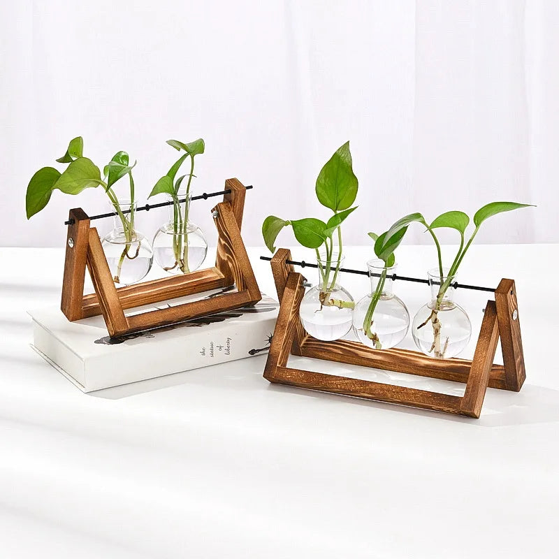 Creative wooden frame hydroponic glass vase ins style retro green ivy plant hydroponic vessel small vase desktop decoration
