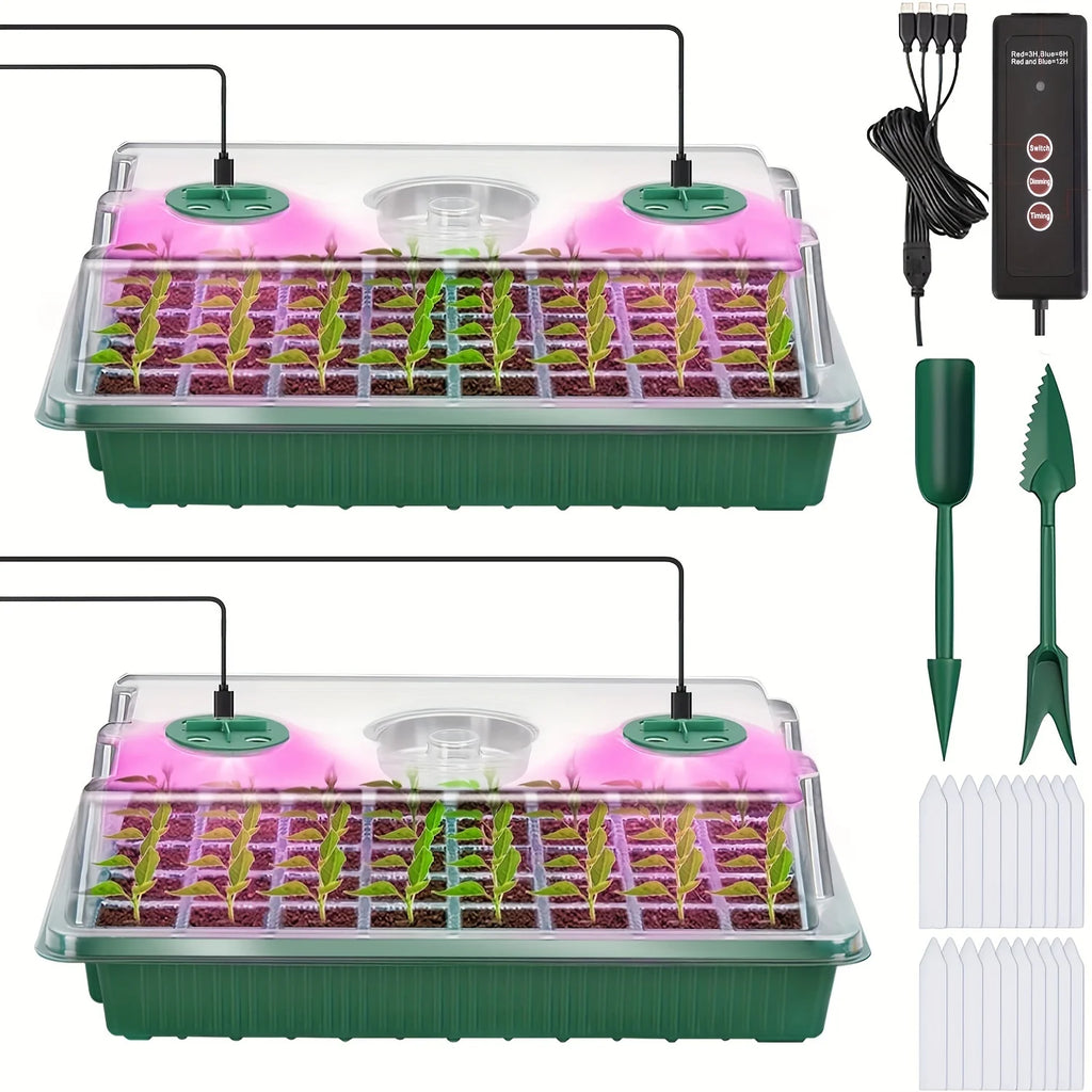 2 Packs, Seed Starter Tray With Grow Light, With Timing Controller Adjustable Brightness, 80 Cells, For Indoor Planting