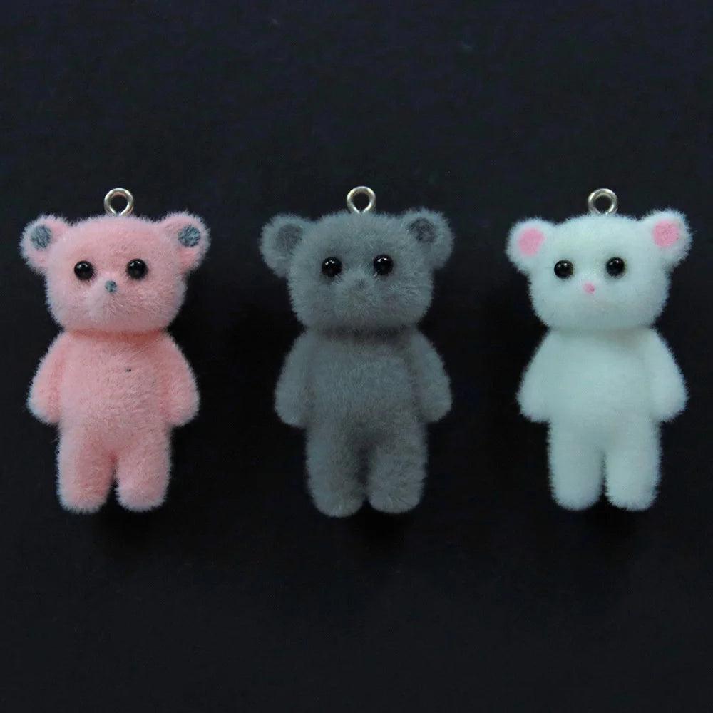 10pcs 3D Fluffy Flocking Animal Pendant Charms Kawaii Plush Cat Rabbit Rat Bear DIY Jewelry Crafts Make Keychain Miniature Doll