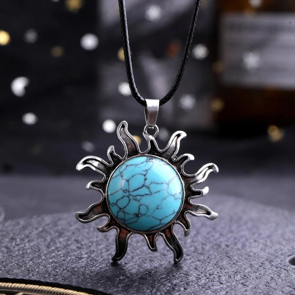 Fashion Natural Gem Stone Quartz Crystal Tiger-eye Plated Silver Alloy Sun Pendant Jewelry Making Accessories Sun Necklace Gift