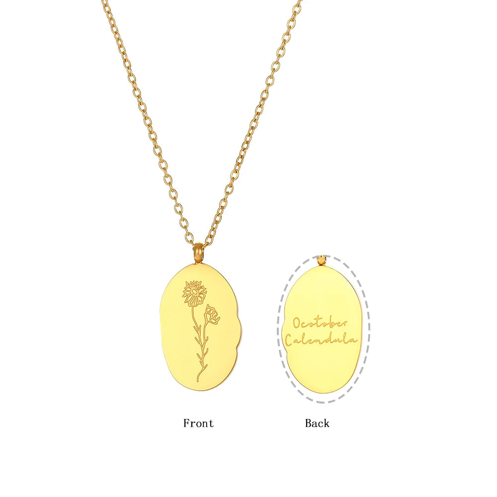 E.B.belle Tarnish Free Irregular Personality 12 Months Flower Pendant Necklace Stainless Steel Gold Plated Birthstone Necklace
