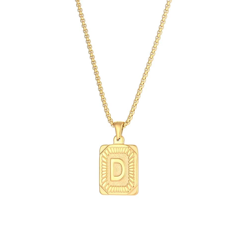 2023 New Stylish Square Pendant Necklace Men's Stainless Steel Gold Plated Letter Necklace Initial Necklace For Women