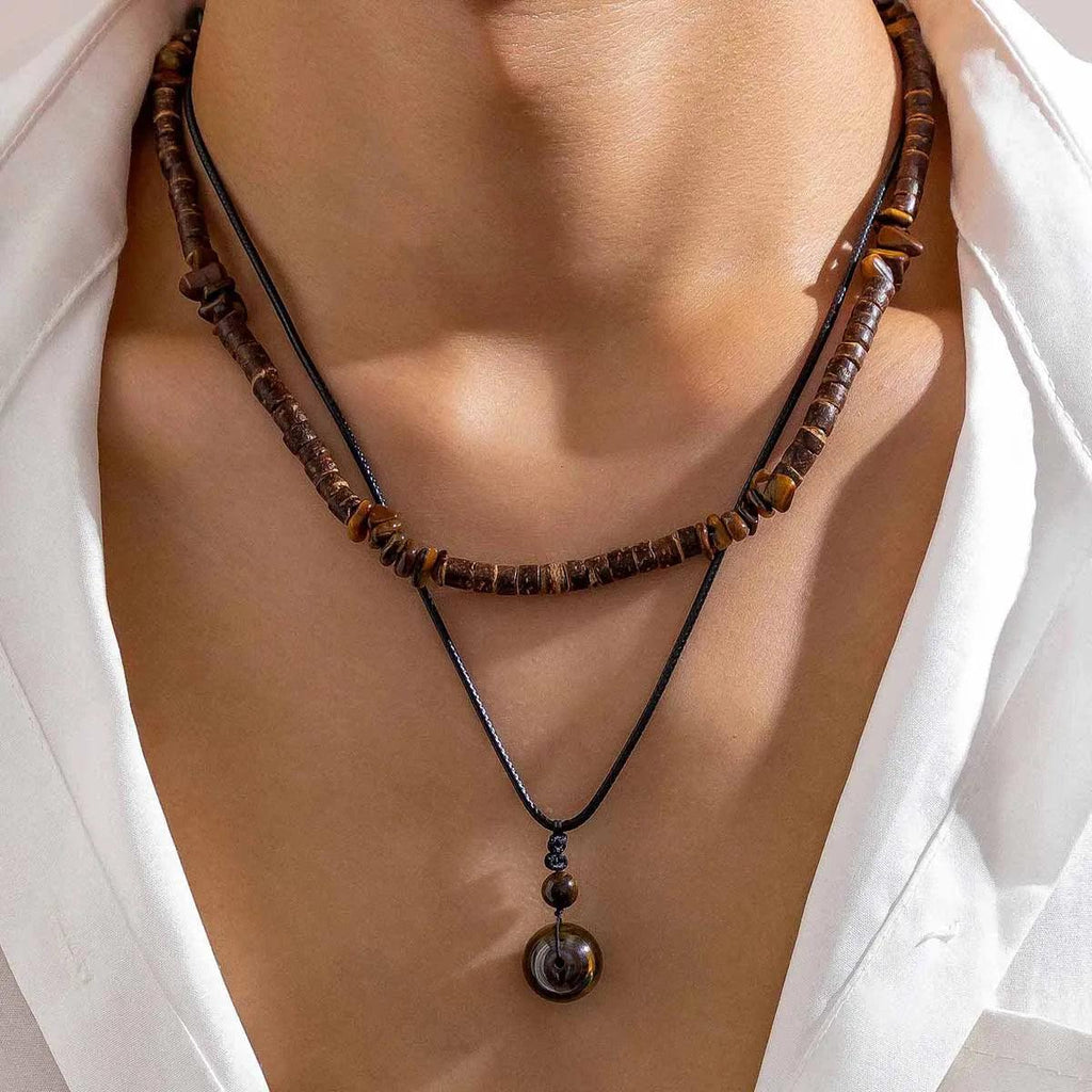 Salircon Vintage Ethnic Geometric Gravel Chain Clavicle Necklace Boho Coconut Shell Wood Bead Chain Necklace Men's Neck Jewelry