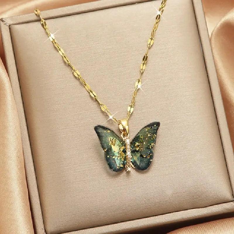 1pcs Gold Butterfly Series Copper Encrusted Zircon Pendant Titanium Steel Chain Simple And Elegant Necklace
