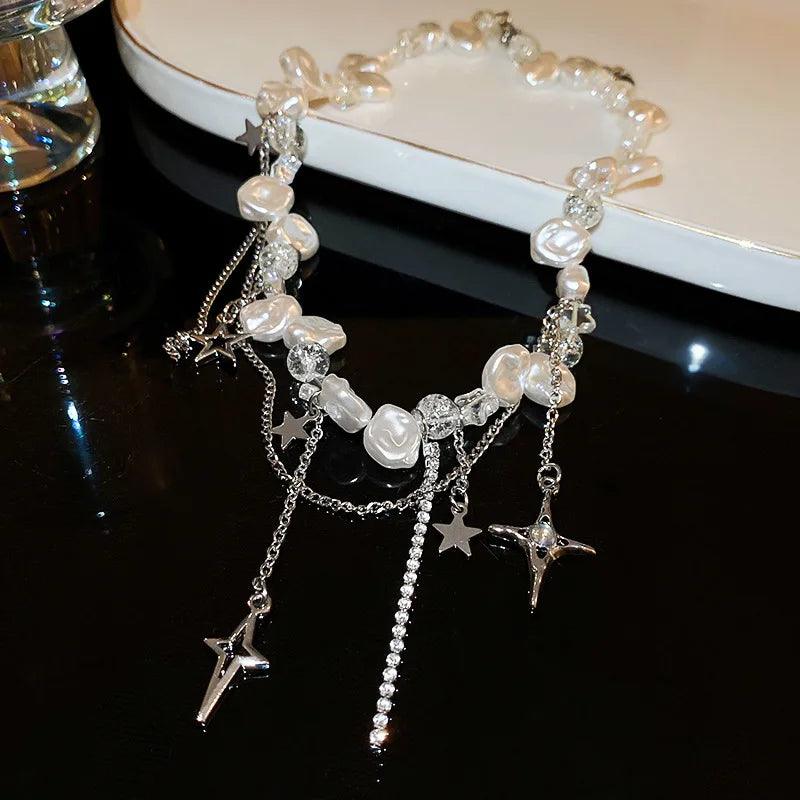 Star Sequin Hollowed Out Necklace for Women Fashion Inlaid Rhinestone Tassels Choker Necklace Y2k Style Accessories Gift