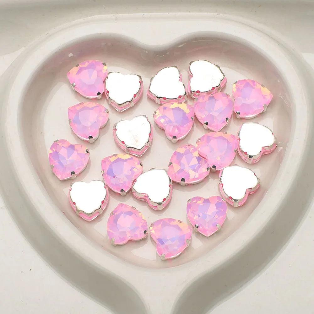 10Pcs 14mm Crystal Glass Love Heart Beads Glitter Flatback Silver Claw Rhinestone Crafts Jewelry DIY Making Garment Accessories