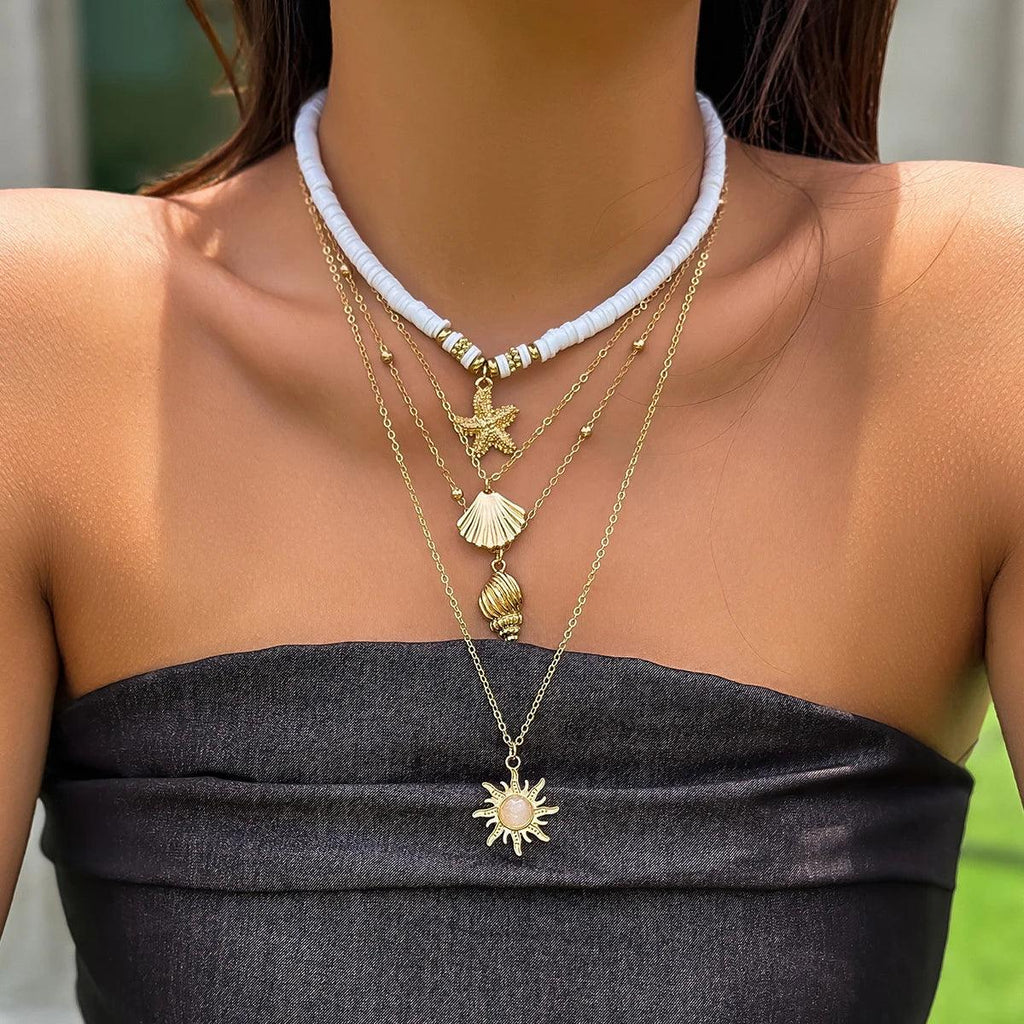 Bohemia Soft Pottery Beads Necklace Fashion Metal Star Sun Pendant Layered Chain Necklace Women Summer Beach Simple Neck Jewelry