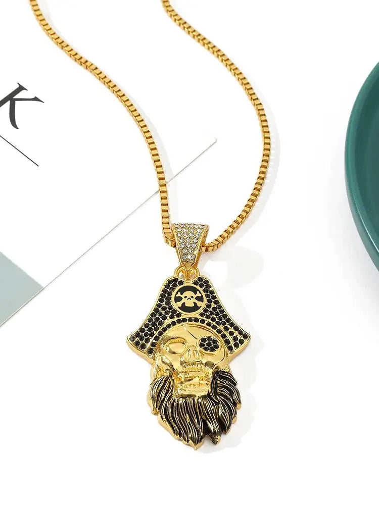 Hip Hop Iced Out Sea Anchor Pirate Skull Pendant Necklace For Women Men Long Chain Creative Party Jewelry Accessories Gift