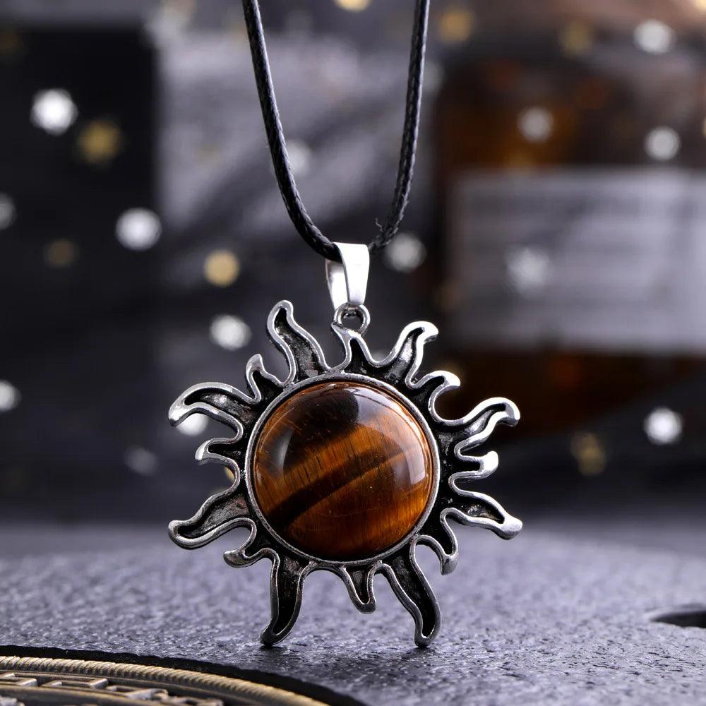 Fashion Natural Gem Stone Quartz Crystal Tiger-eye Plated Silver Alloy Sun Pendant Jewelry Making Accessories Sun Necklace Gift