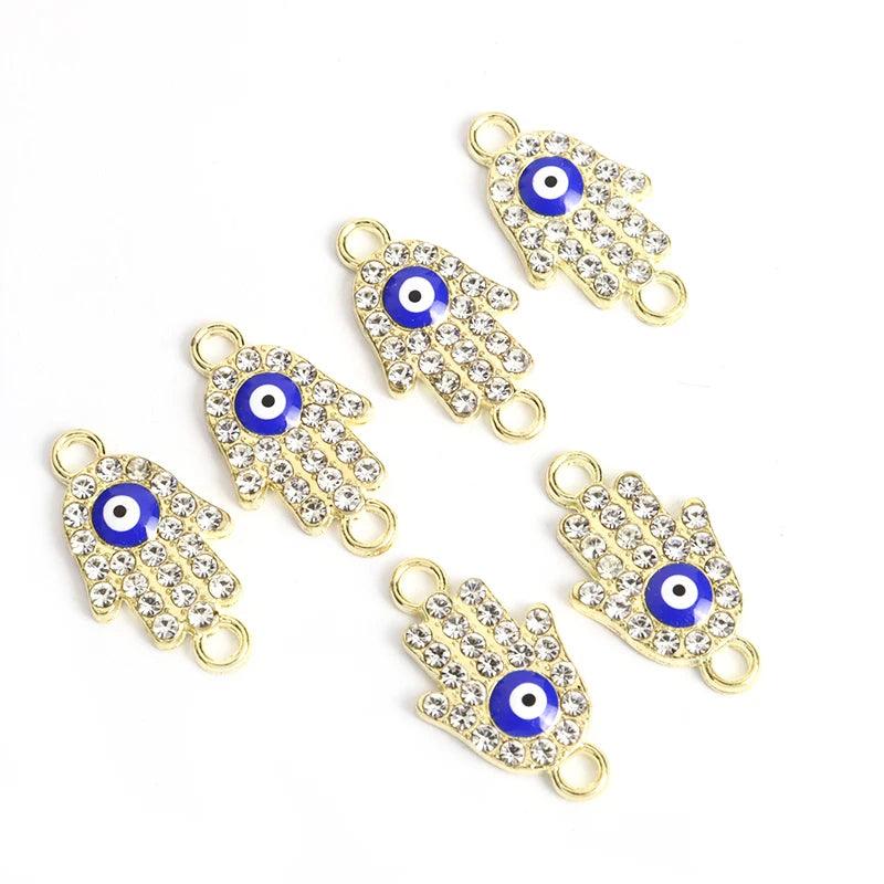 10pcs Rhinestones lnlaid Hamsa Hand Evil Eye Design Enamel Connectors Turkish Style Double Hanging Pendant For DIY Lucky Jewelry