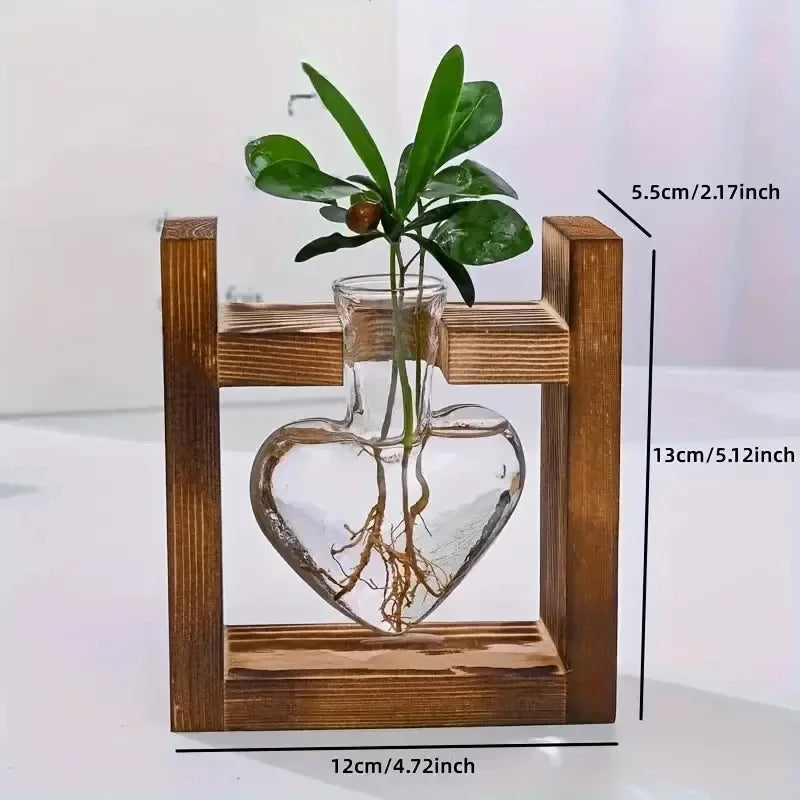 1pc Transparent Glass Vase With Wooden Frame, Heart-shaped Glass Vase For Hydroponic Plant Propagation, Air Plant Vase For Home