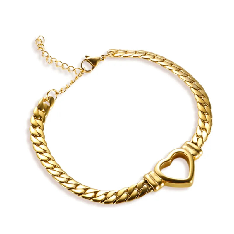 Peri'sbox Stainless Steel Solid Gold Pvd Plated Chunky Thick Chain Hollow Heart Choker Necklace for Women Street Fashion Jewelry