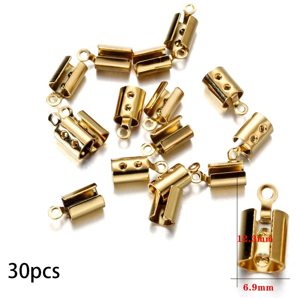 30/50pcs Stainless Steel Gold Rope Cords Crimp End Bead Caps Leather Clip Tip Fold For DIY Bracelet Necklace Jewelry Making