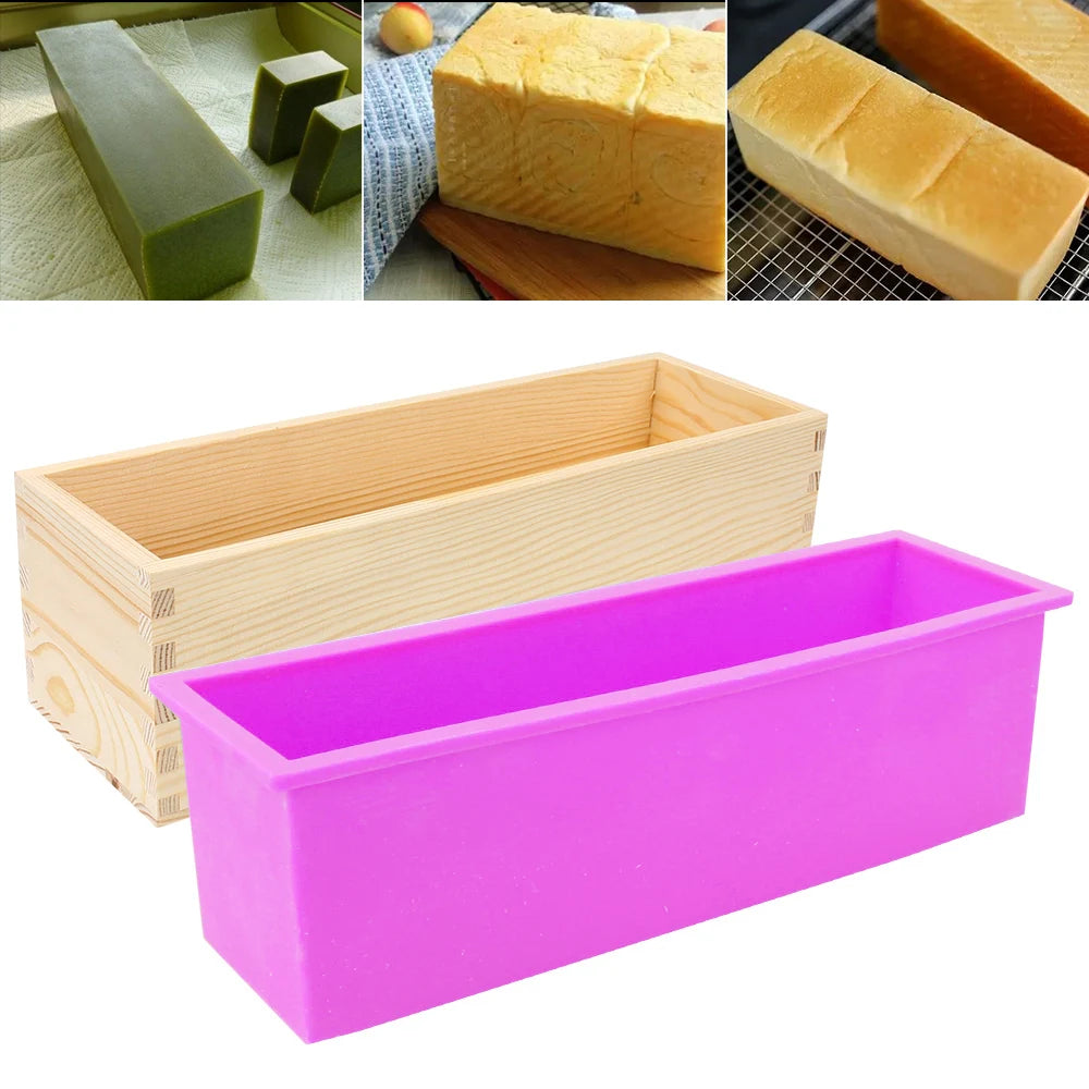 Toast Cake Loaf Mold Rectangular Baking Silicone Soap Mold with Wooden Box DIY Handmade Tool Kitchen Tools